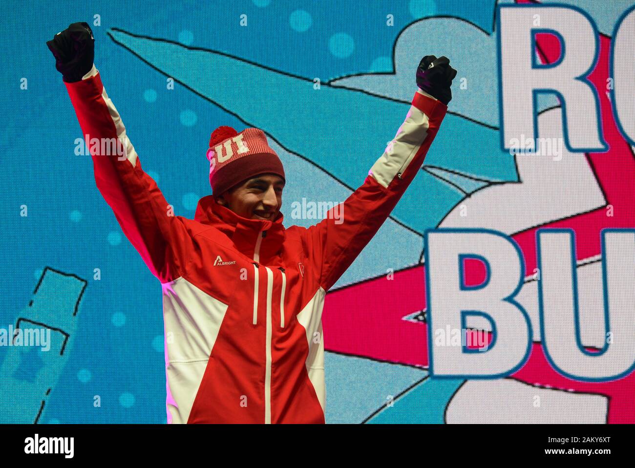 Lausanne, Switzerland. 10th Jan, 2020. Thomas Bussard of Switzerland celebrates winning the gold medal in the Men's Individual Ski Mountaineering event in the 2020 Winter Youth Olympic Games in Lausanne Switzerland. Credit: Christopher Levy/ZUMA Wire/Alamy Live News Stock Photo