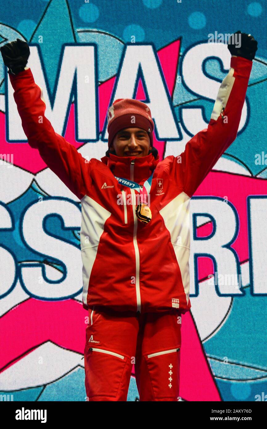 Lausanne, Switzerland. 10th Jan, 2020. Thomas Bussard of Switzerland celebrates winning the gold medal in the Men's Individual Ski Mountaineering event in the 2020 Winter Youth Olympic Games in Lausanne Switzerland. Credit: Christopher Levy/ZUMA Wire/Alamy Live News Stock Photo