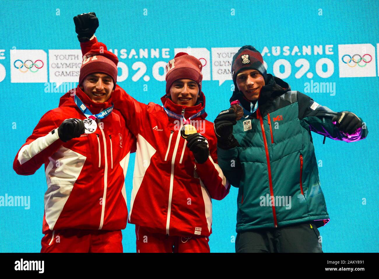 Lausanne, Switzerland. 10th Jan, 2020. The medalists in the Men's Individual Ski Mountaineering event in the 2020 Winter Youth Olympic Games in Lausnne Switzerland. Robin Bussard of Switzerland (left, silver medal), Thomas Bussard of Switzerland (center, gold medal) and Nils Oberauer of Austria Credit: Christopher Levy/ZUMA Wire/Alamy Live News Stock Photo