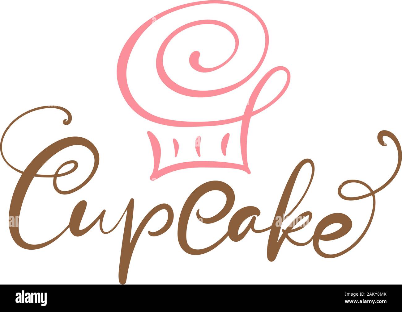 Cupcake vector calligraphic text with logo. Sweet cupcake with cream, vintage dessert emblem