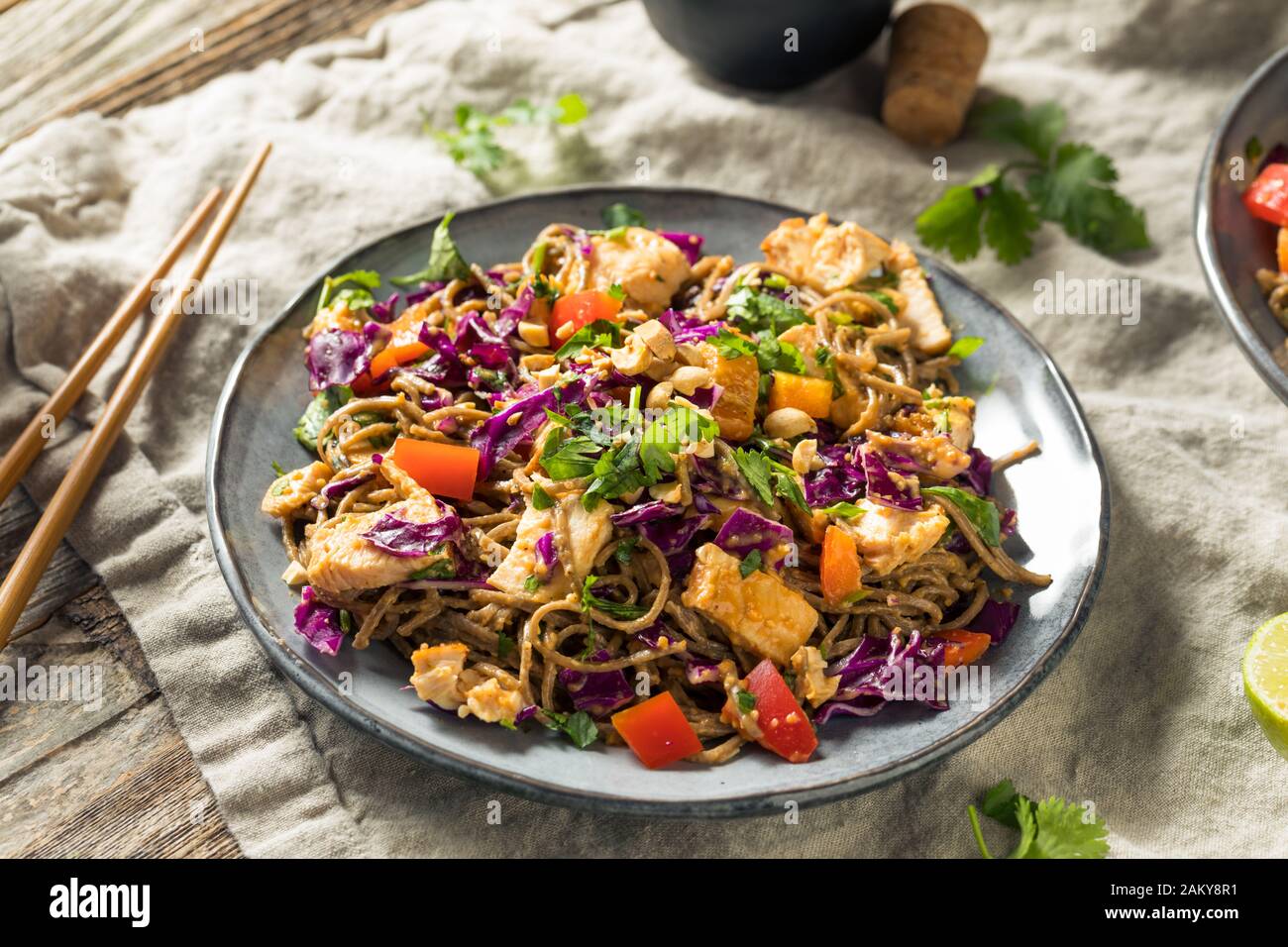 Homemade Spicy Chicken Soba Noodle Salad with Peanut Sauce Stock Photo