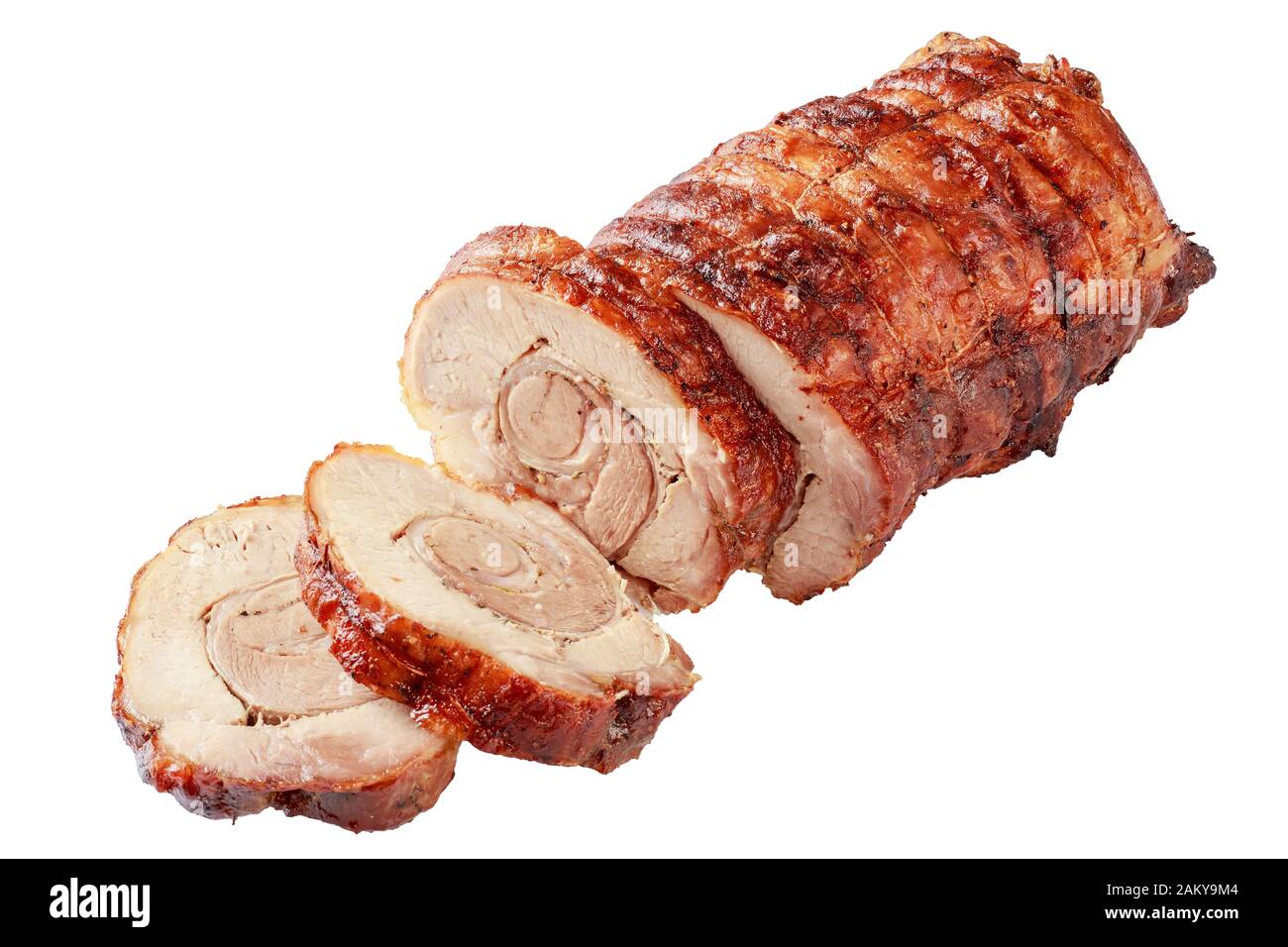 Porchetta roast rolled pork belly isolated on white background Stock Photo  - Alamy