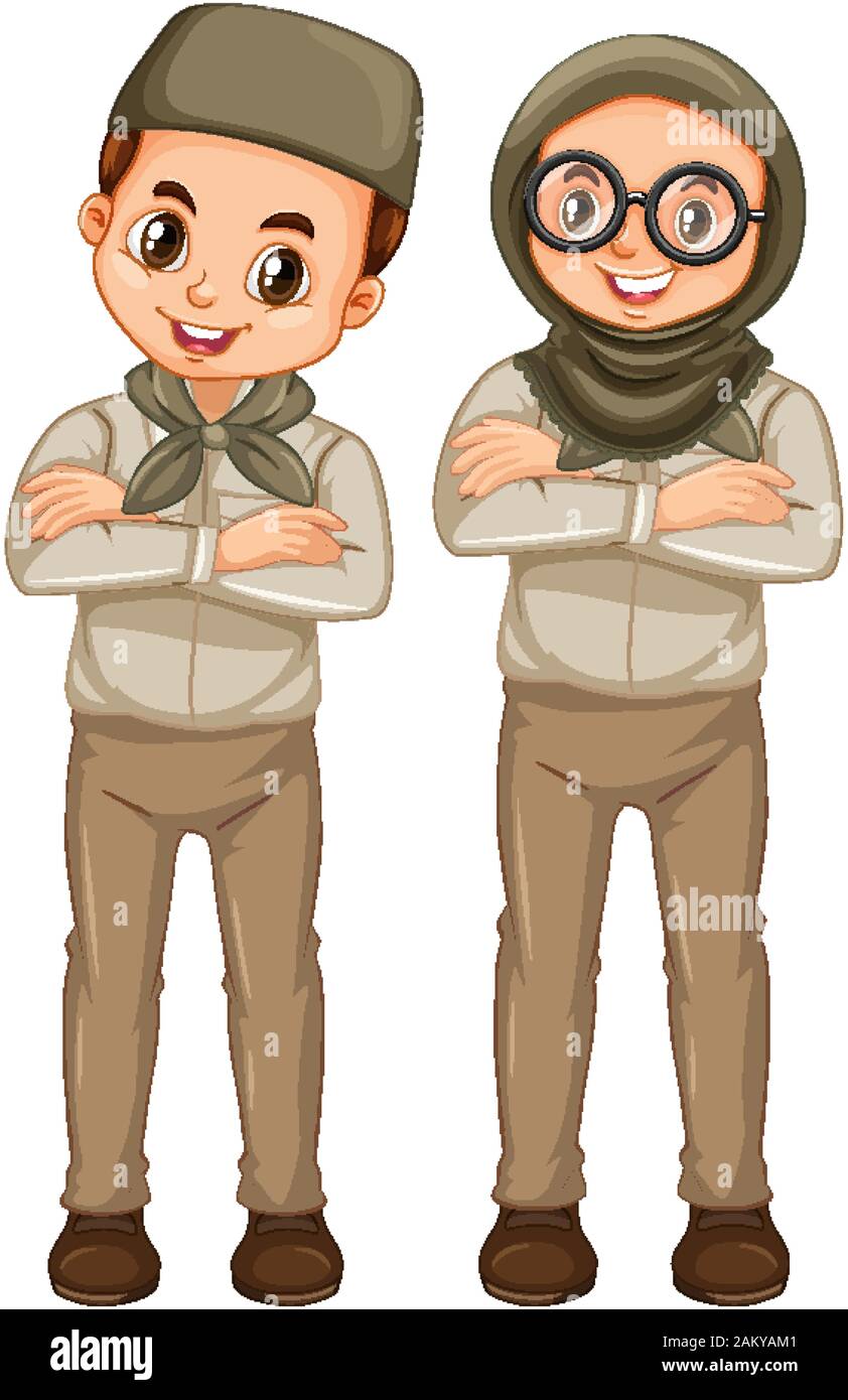 Boy and girl in scout uniform on white background illustration Stock ...