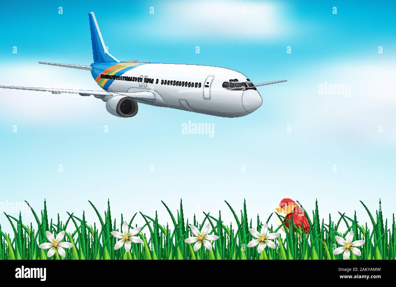 Scene with airplane flying in blue sky illustration Stock Vector Image ...