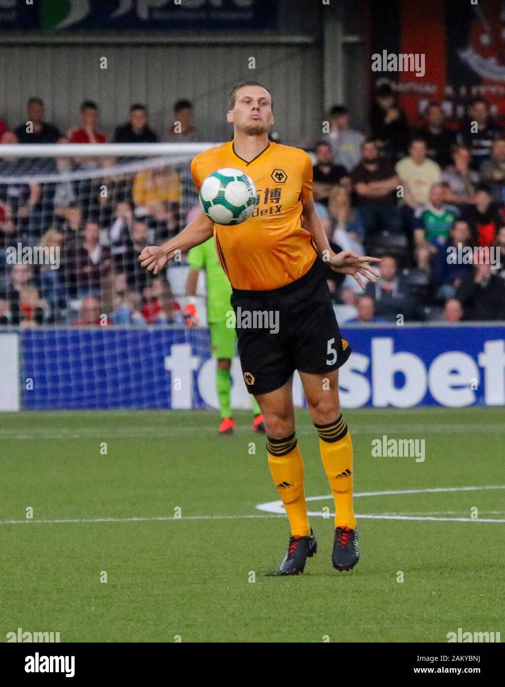 Seaview Stadium, Belfast, Northern Ireland. 01st Aug, 2019. UEFA Europa League Second Qualifying Round (Second Leg) Crusaders (red/black) v Wolves. Wolverhampton Wanderers player Ryan Bennett (5) in action. Stock Photo
