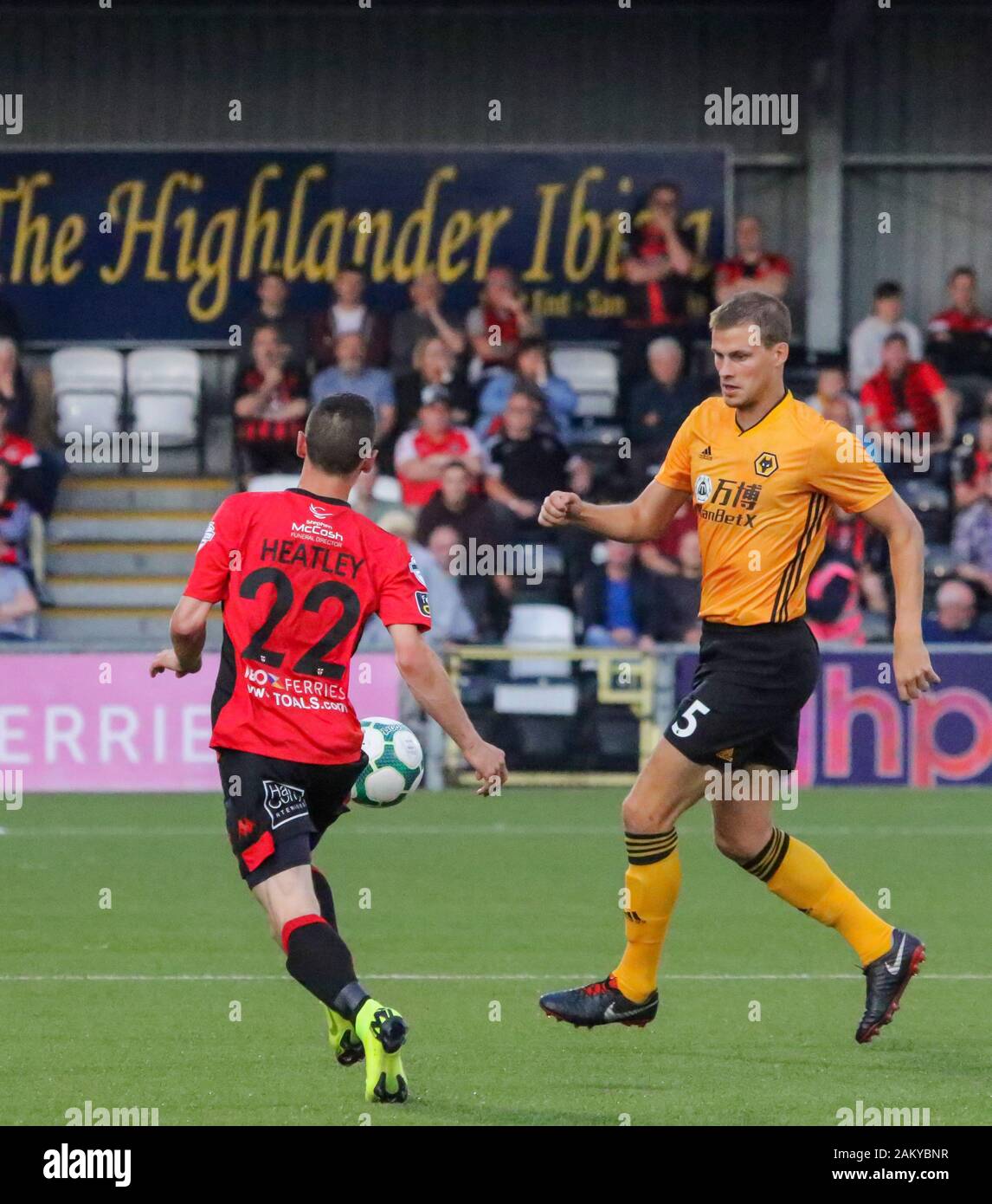 Seaview Stadium, Belfast, Northern Ireland. 01st Aug, 2019. UEFA Europa League Second Qualifying Round (Second Leg) Crusaders (red/black) v Wolves. Wolverhampton Wanderers player Ryan Bennett (5) in action. Stock Photo
