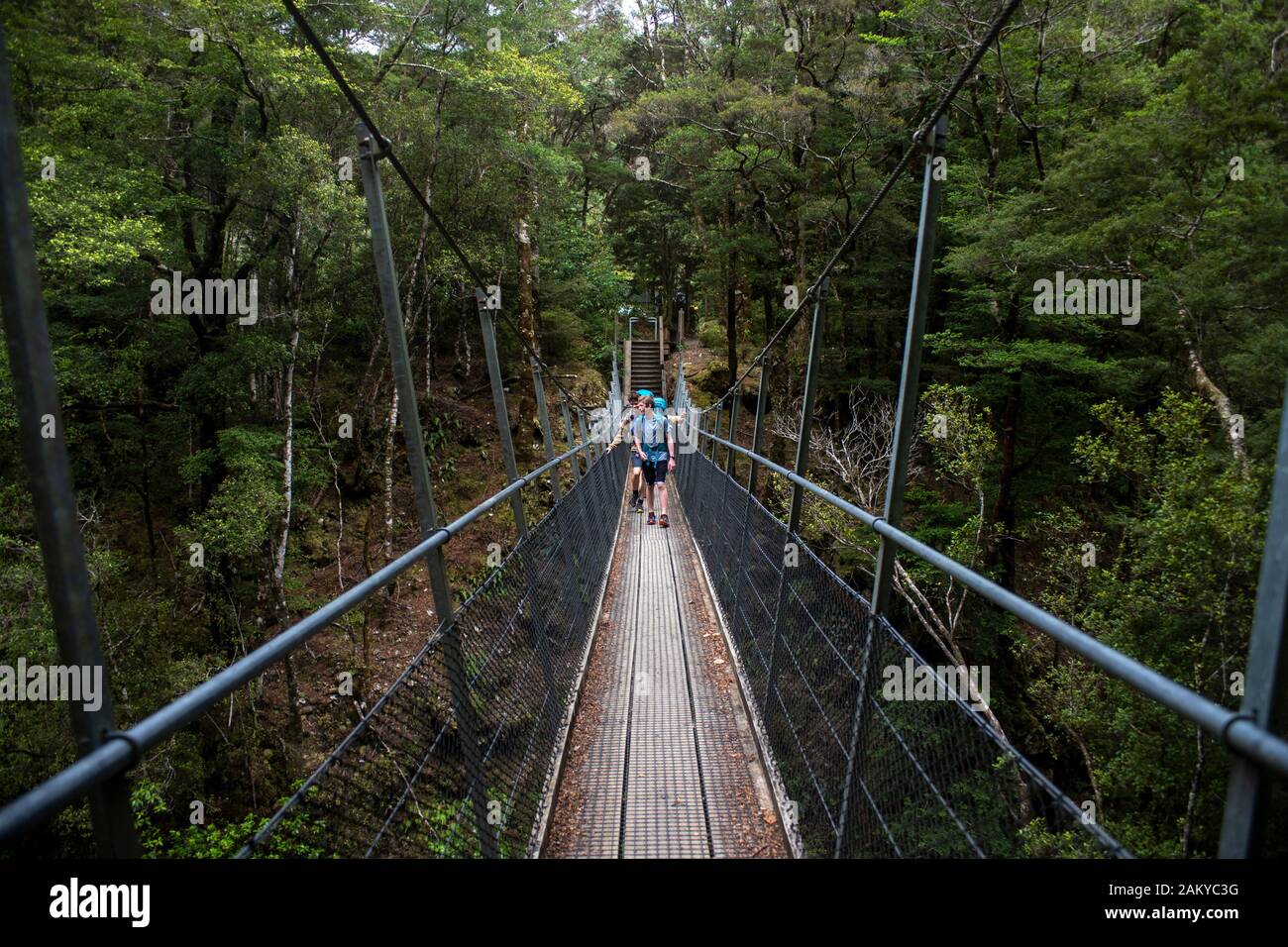 Walking the Old Ghost Road trail, Lyell to Seddonville, New Zealand. Start of walk over footbridge over Lyell Creek, Lyell Stock Photo