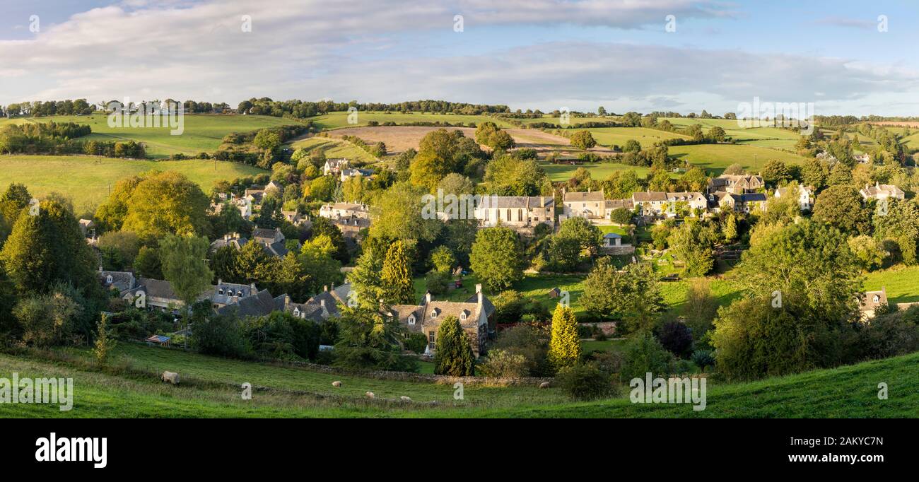 Panoramic view of country village of Naunton in the Cotswolds, Gloucestershire, England, UK Stock Photo