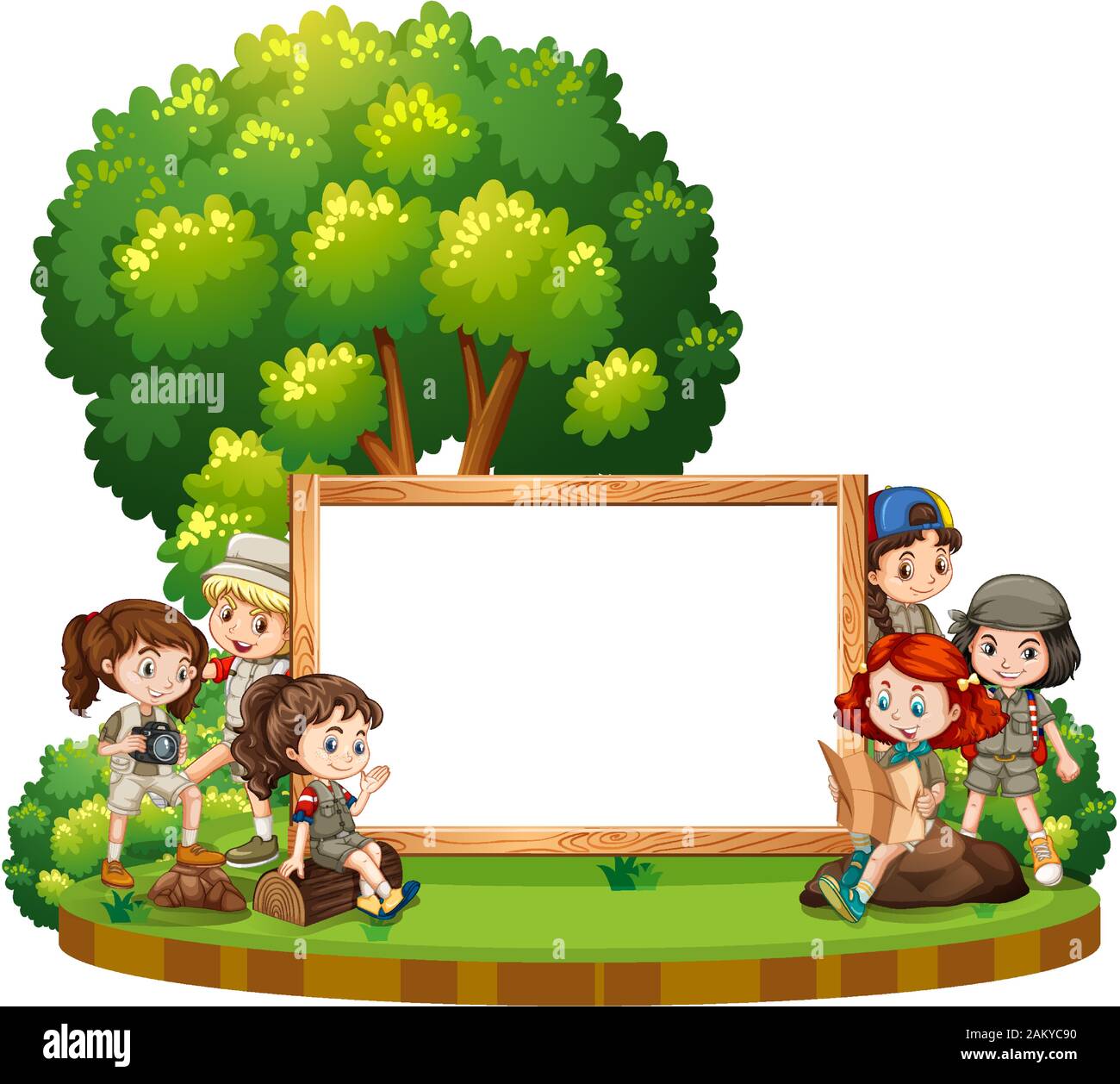 Blank sign template with kids in park at daytime illustration Stock ...