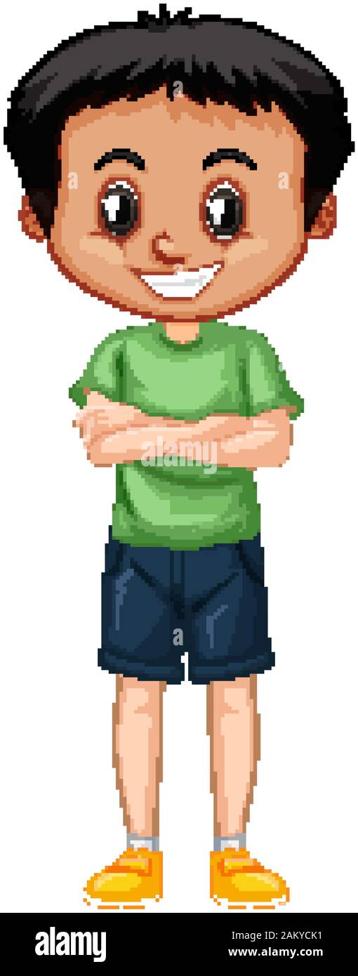 Boy in green shirt standing on white background illustration Stock ...