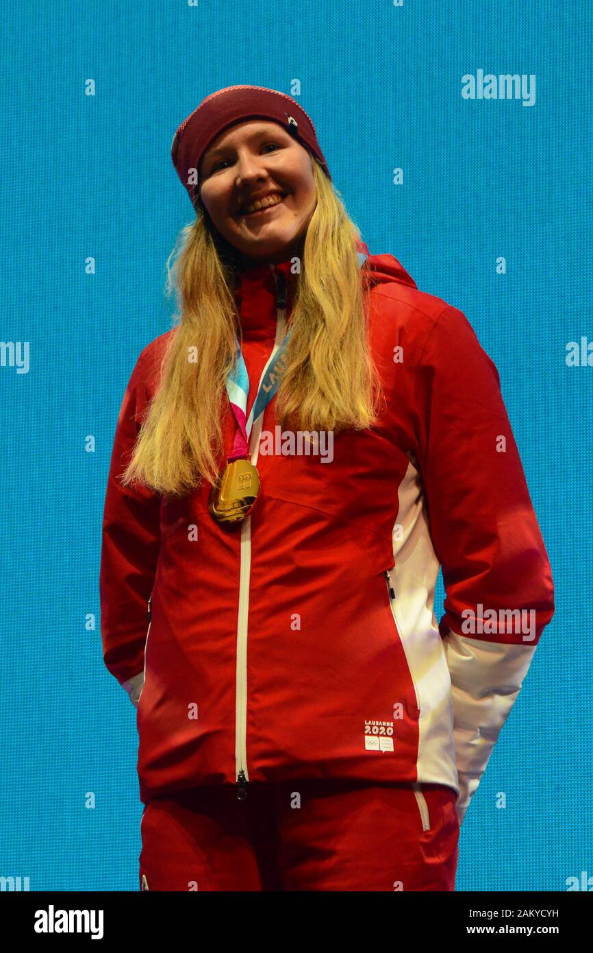 Lausanne, Switzerland. 10th Jan, 2020. Caroline Ulrich of Switzerland celebrates winning the gold medal in the Women's Individual Ski Mountaineering event in the 2020 Winter Youth Olympic Games in Lausanne Switzerland. Credit: Christopher Levy/ZUMA Wire/Alamy Live News Stock Photo