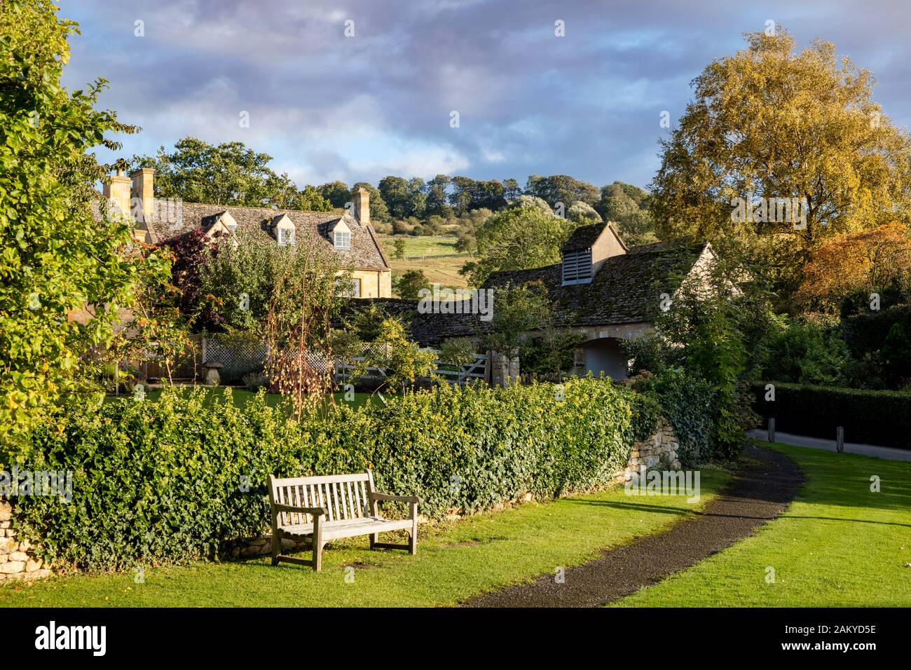 Evening sunlight over country home in Stanton, Gloucestershire, England