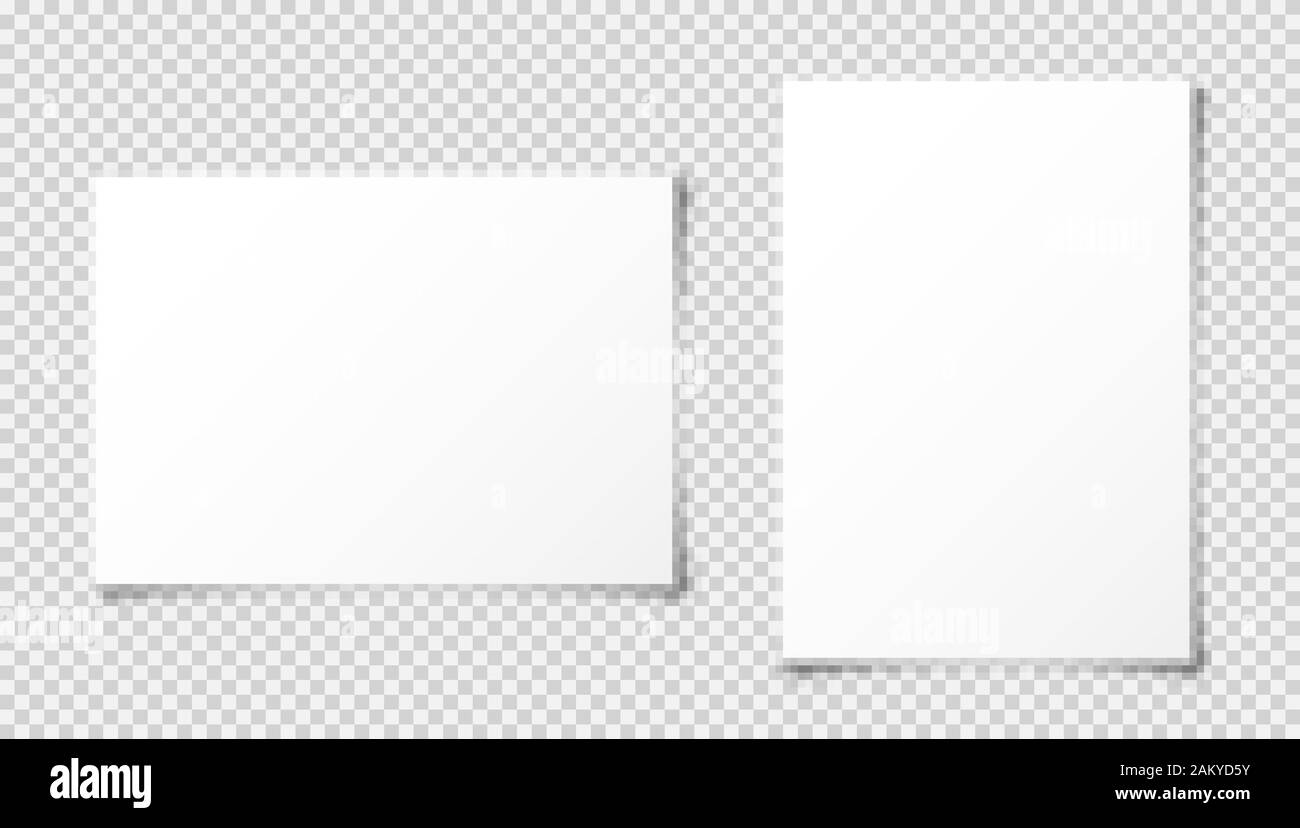 Realistic blank paper sheet with shadow in A4 format isolated on transparent checkered background. Notebook or book page. Design template or mockup Stock Vector