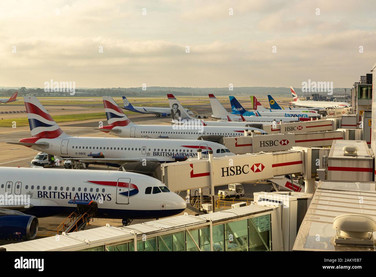 LONDON GATWICK AIRPORT, UK - December 29, 2019: British Airways jet at Gatwick airport with other airliners in the background Stock Photo