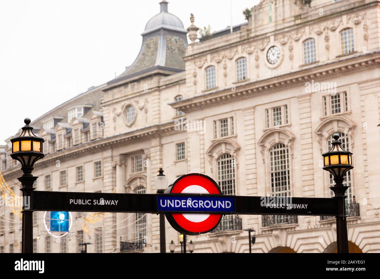 LONDON, UK - December 31, 2019: Piccadilly circus underground exit with buildings in the background Stock Photo