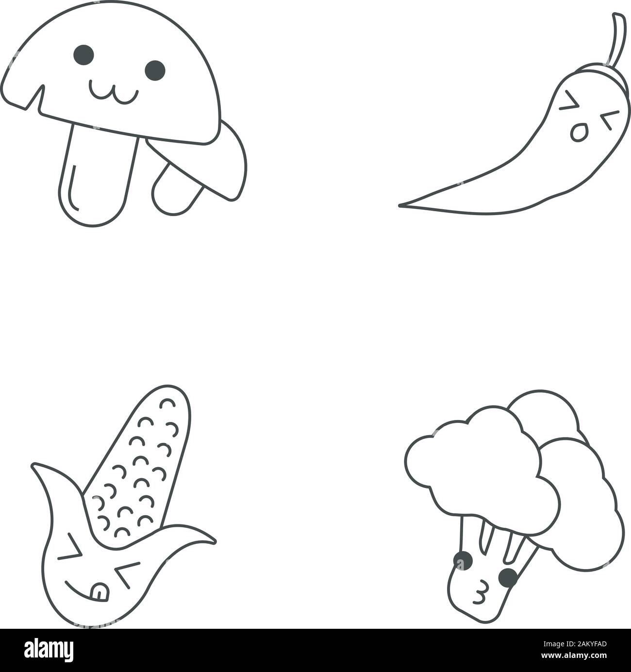 Vegetables cute kawaii linear characters. Happy mashrooms and broccoli. Laughing corn. Suffering chilli. Thin line icon set. Vector isolated outline i Stock Vector