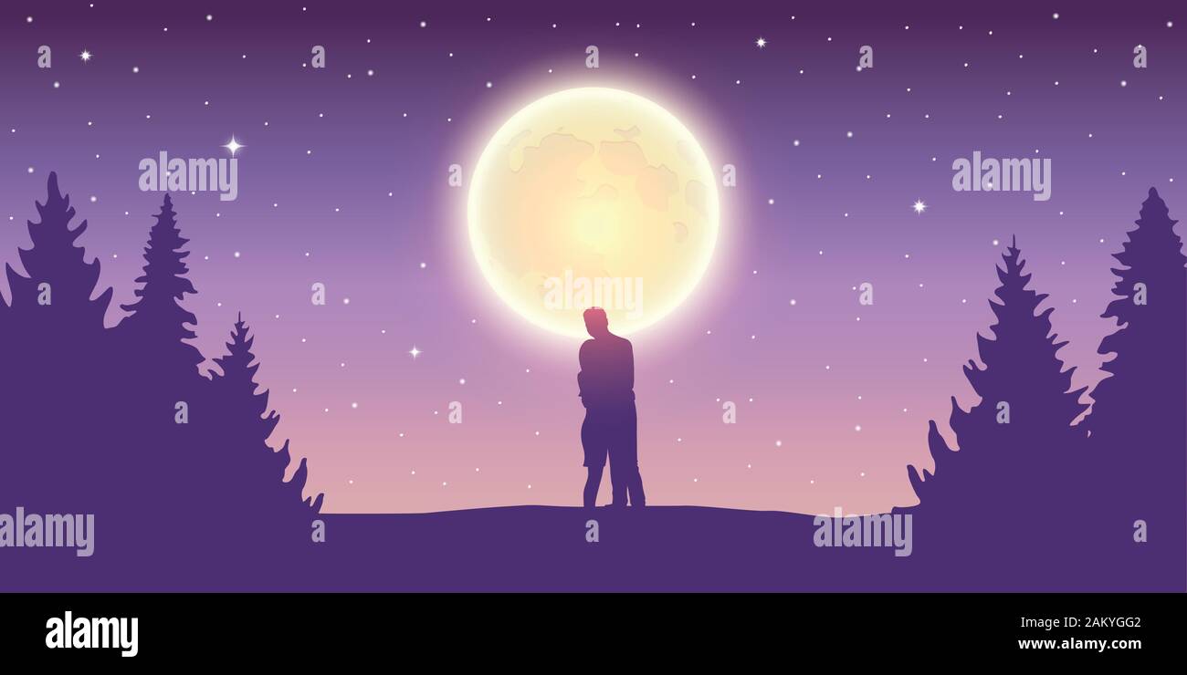 couple looks to the full moon in forest landscape at night vector ...