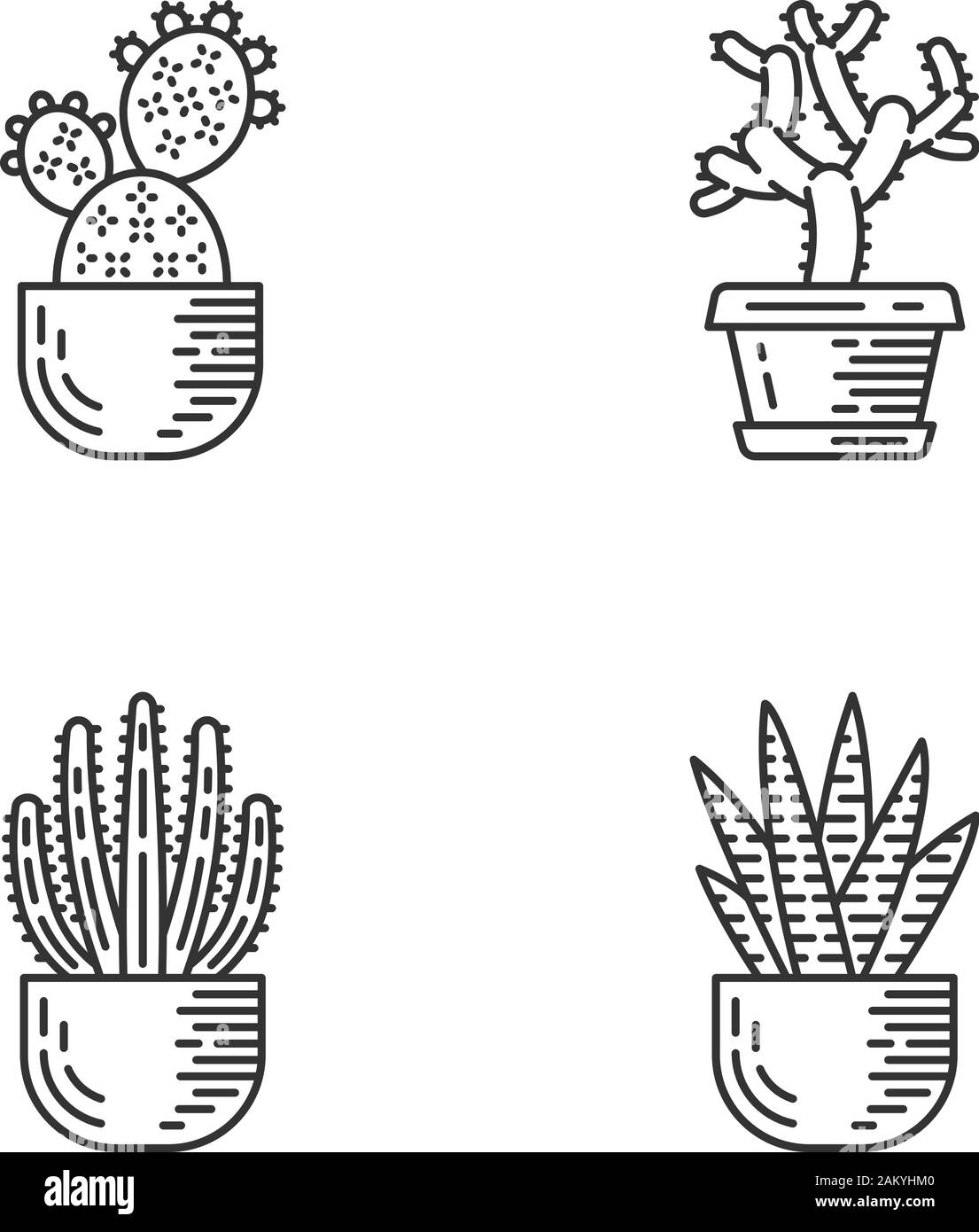 House cacti in pot linear icons set. Succulents. Spiny plants. Prickly pear, cholla, zebra cactus, organ pipe. Thin line contour symbols. Isolated vec Stock Vector