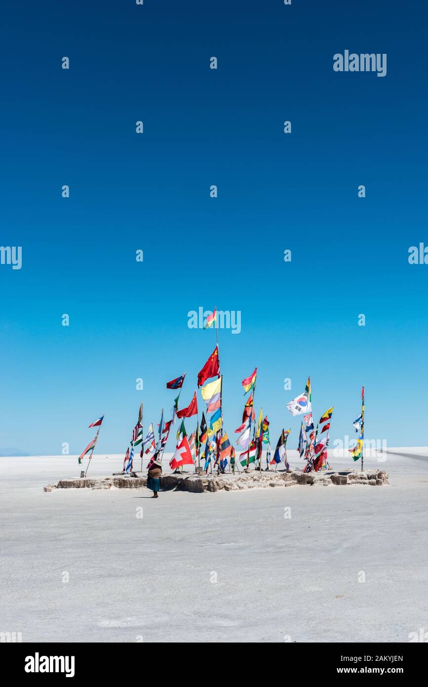 International flags in the world´s biggest saltlake Salar de Uyuni, Department Potosi, Southwest Bolivia, Latin America Stock Photo