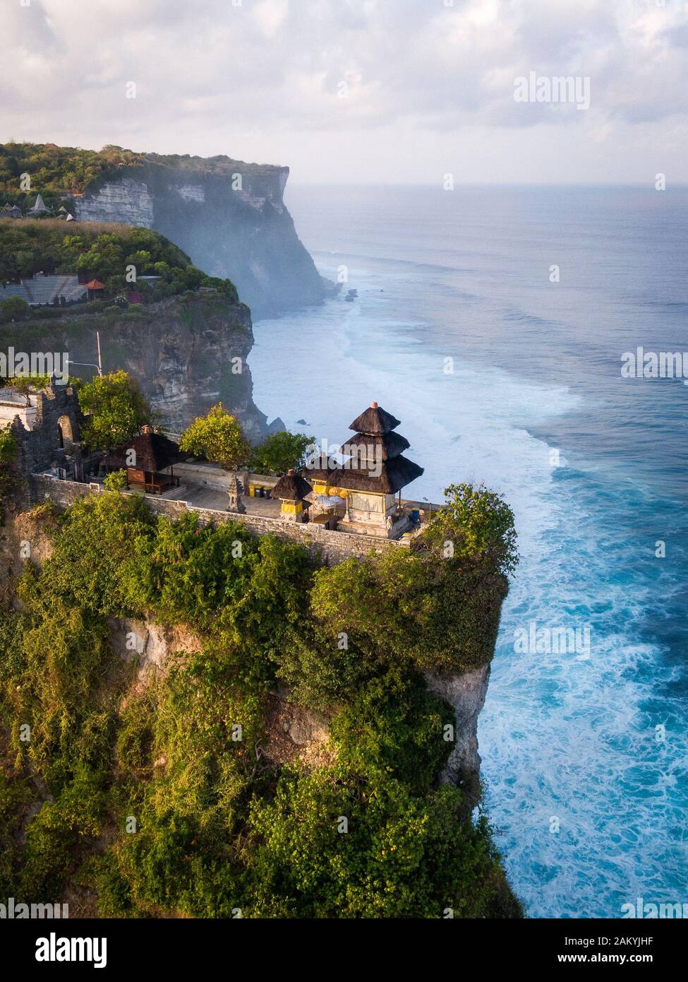 Bali, Indonesia, aerial view of Pura Luhur Uluwatu temple at sunrise. Stock Photo