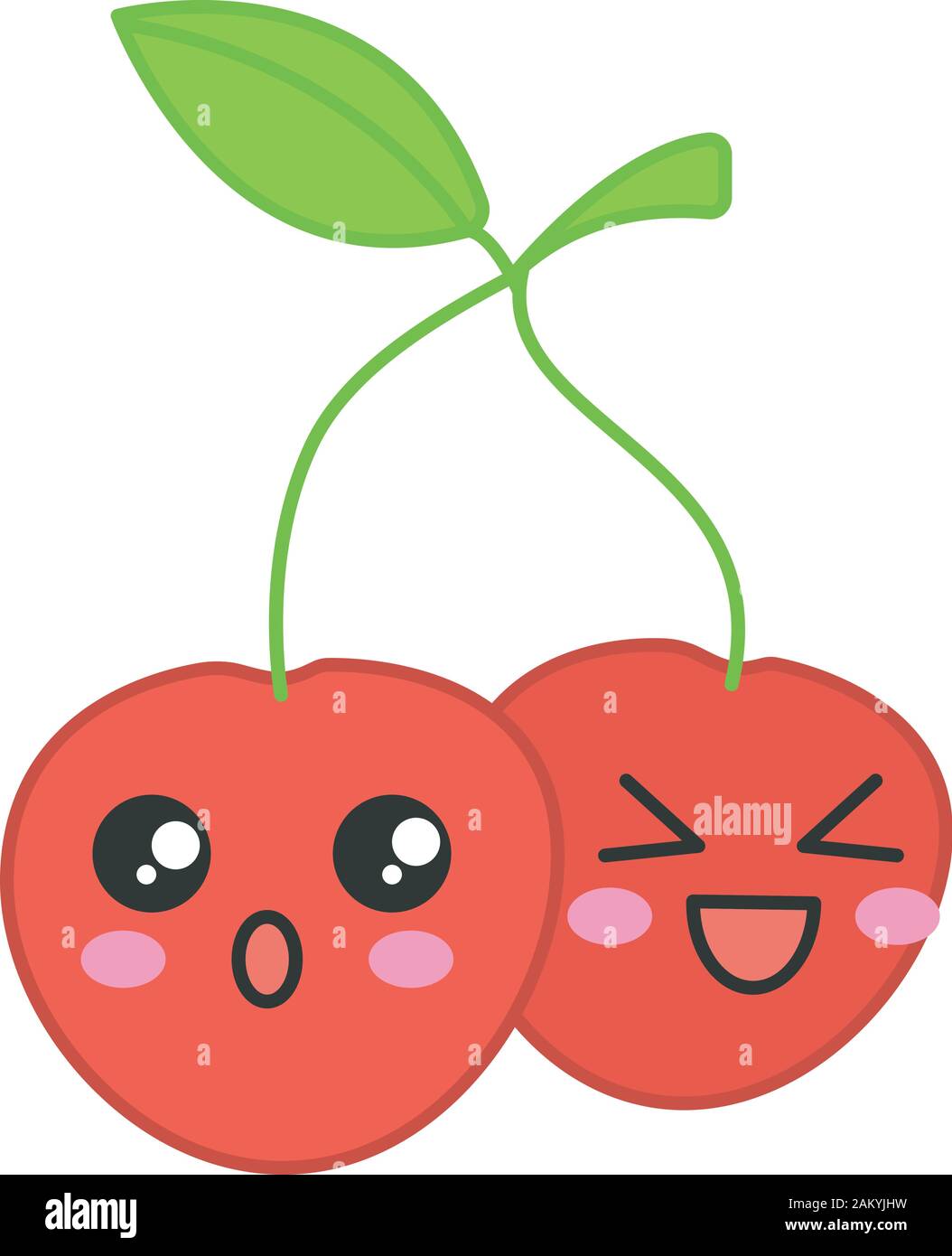Cherries cute kawaii vector character. Happy and astonished berries