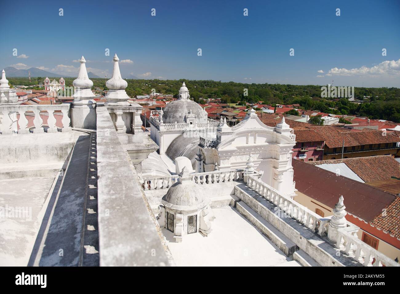 Church with white roof on Leon city background in Nicaragua Stock Photo
