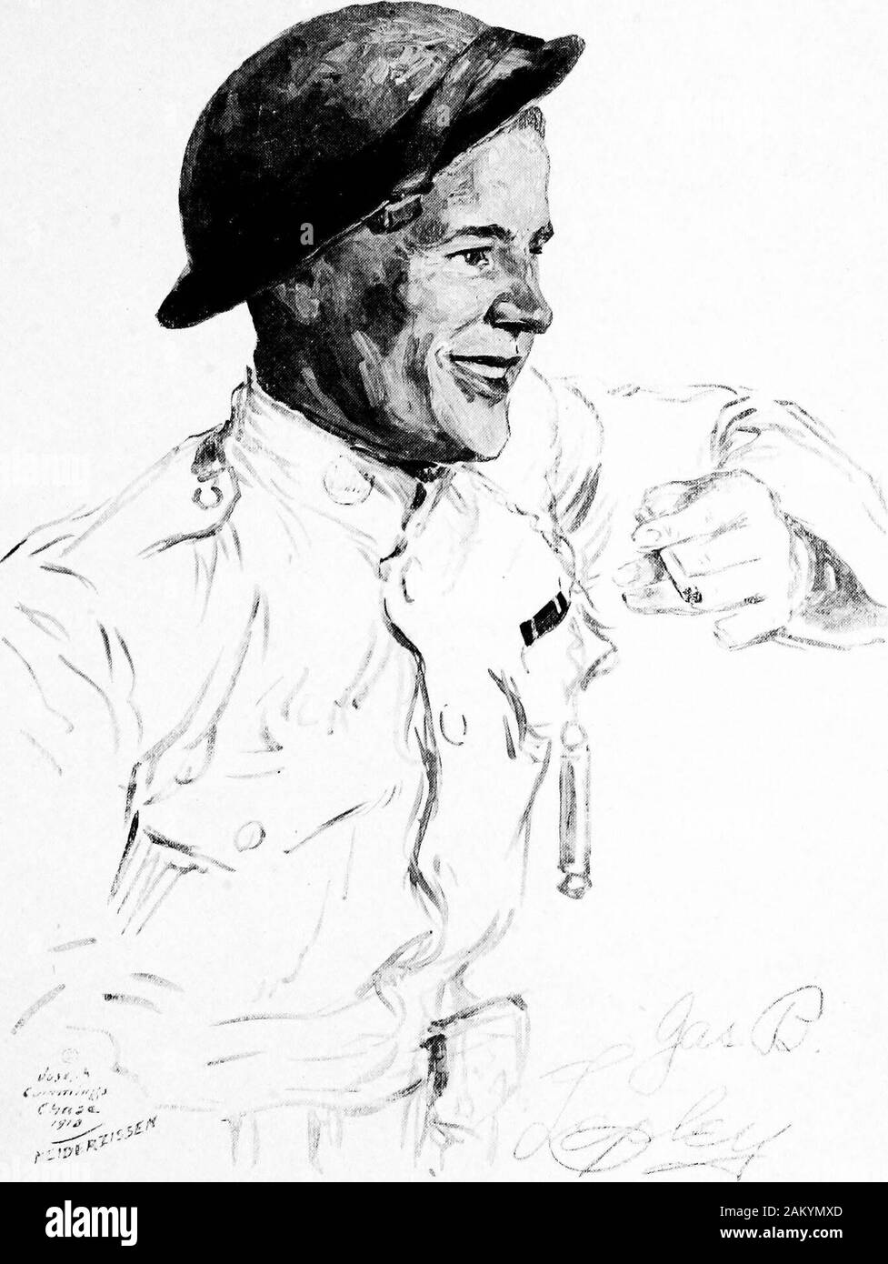 Soldiers all; portraits and sketches of the men of the AEF. . © JasvuAC4 a JC MX A3, pi/n. JAMES B. LEPLEY, Sergeant, Company M, 168th Infantry, 42nd Division.On July 28th, near Sergy, he led his platoon for-ward in the face of heavy machine-gun fire, and inspite of being wounded, captured six machine-gunsand thirteen prisoners from the Prussian Guards.Near Souain, to the northeast of Chalons-sur-Marne,on the night of July 14, 1918, Sergeant Lepley lefthis trench and returned to the woods, through asmothering fire of gas, high explosives and shrapnel,to search for two men of his platoon who we Stock Photo