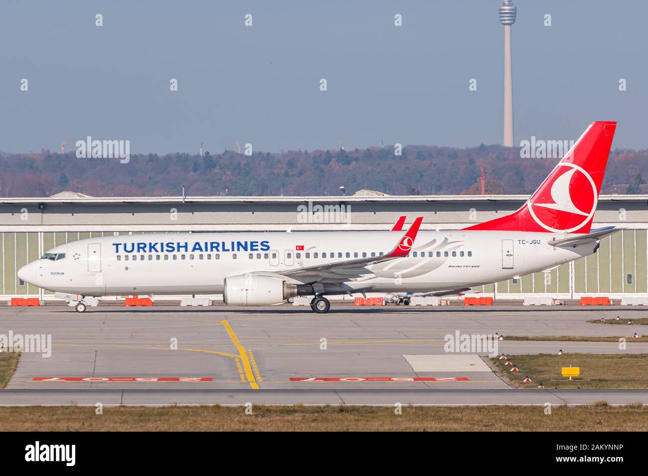 Stuttgart, Germany - November 25, 2018: Turkish Airlines Boeing 737 airplane at Stuttgart airport (STR) in Germany. Boeing is an aircraft manufacturer Stock Photo
