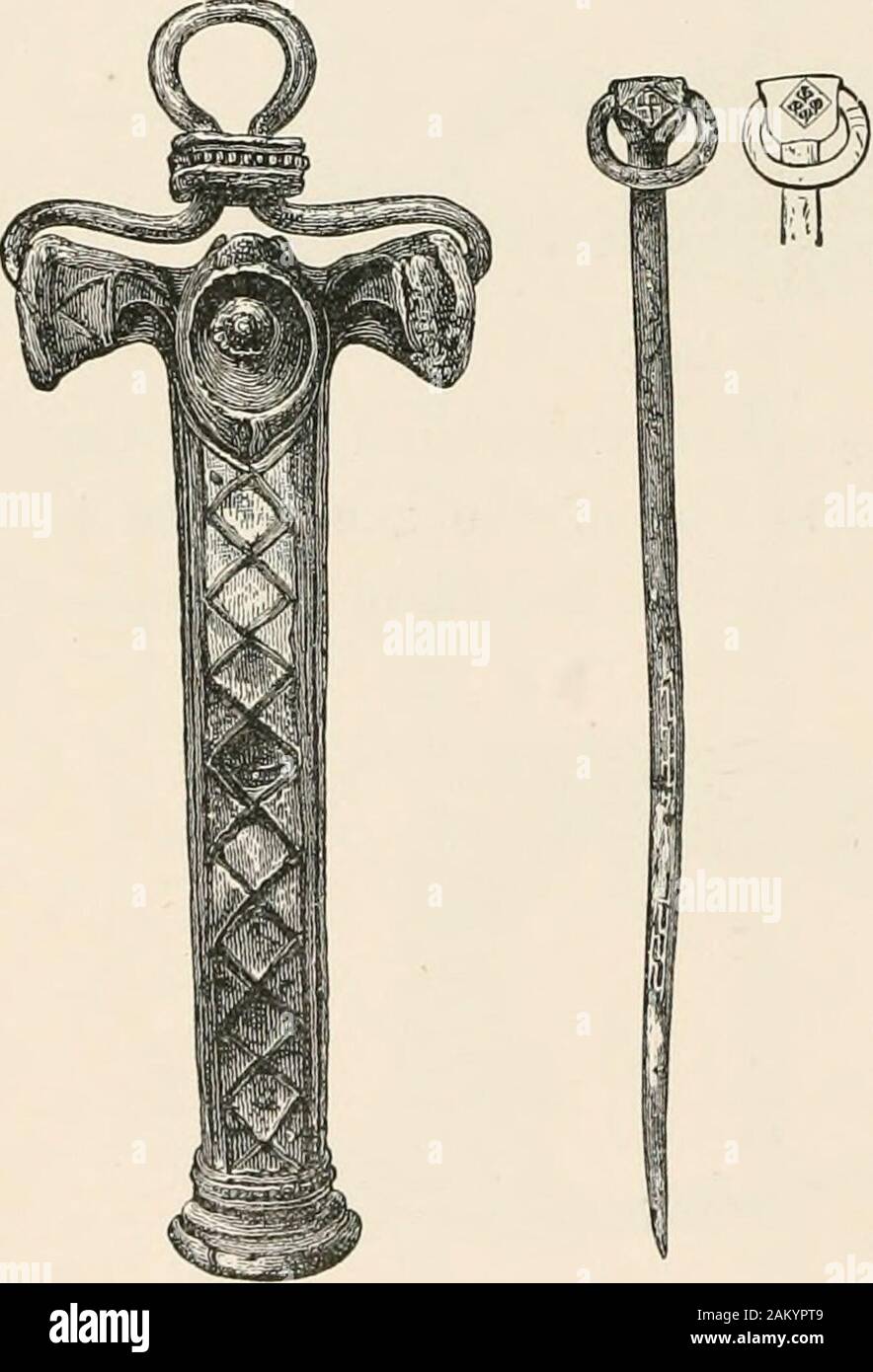 Ancient Scottish lake-dwellings or crannogs : with a supplementary chapter on remains of lake-dwellings in England . Fig. 142.—Fibula (i). (J.) Articles made of Bronze or Brass.—1. Two fibulae, represented full size in Figs. 140 and 141, found about the centre of the refuse-heap. Figs. 142 and 143 represent side 1 130 ANCIENT SCOTTISH LAKE-DWELLINGS. and back views of a third fibula, much more elaborately. Fig. 143.—Back viewof Fibula, Fig. 142. Fig. 144.-BronzeEing Pin (i). Stock Photo