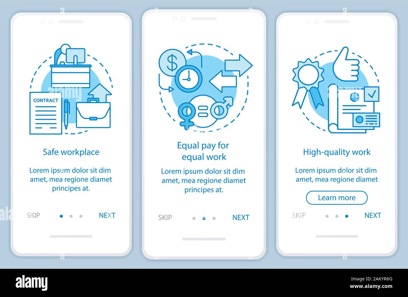 Work ethics onboarding mobile app page screen vector template. Safe workplace, equal pay for work. Walkthrough website steps with linear illustrations Stock Vector