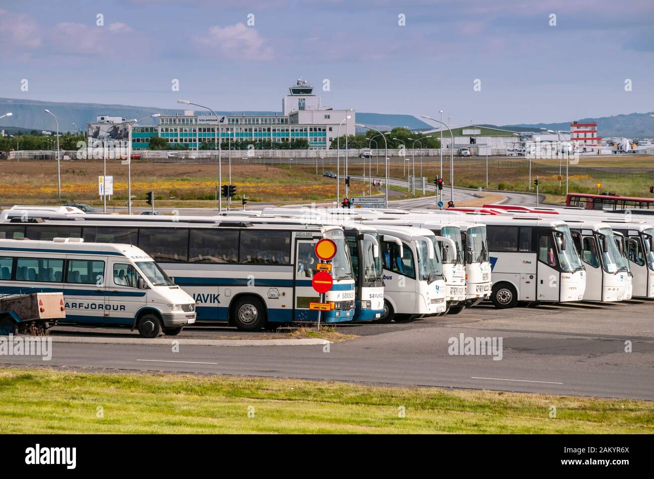 BSI bus terminal, starting point for all the tour buses, Reykjavik Domestic Airport at the rear, Reykjavik, Iceland Stock Photo