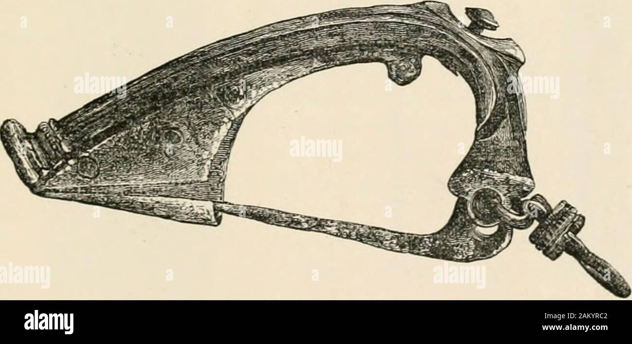 Ancient Scottish lake-dwellings or crannogs : with a supplementary chapter on remains of lake-dwellings in England . Fig. lil.—Fibula ({). 16. A much corroded pickaxe was found about themiddle of the lake area. The end of the axe portion isnearly 5 inches broad, and the whole length of the imple-ment is 22 inches.. Fig. 142.—Fibula (i). (J.) Articles made of Bronze or Brass.—1. Two fibulae, represented full size in Figs. 140 and 141, found about the centre of the refuse-heap. Figs. 142 and 143 represent side 1 130 ANCIENT SCOTTISH LAKE-DWELLINGS. and back views of a third fibula, much more ela Stock Photo