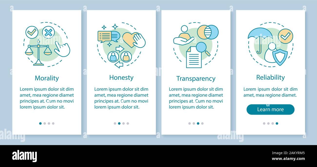 Ethical principles onboarding mobile app page screen vector template. Morality, transparency, reliability. Walkthrough website steps with linear illus Stock Vector