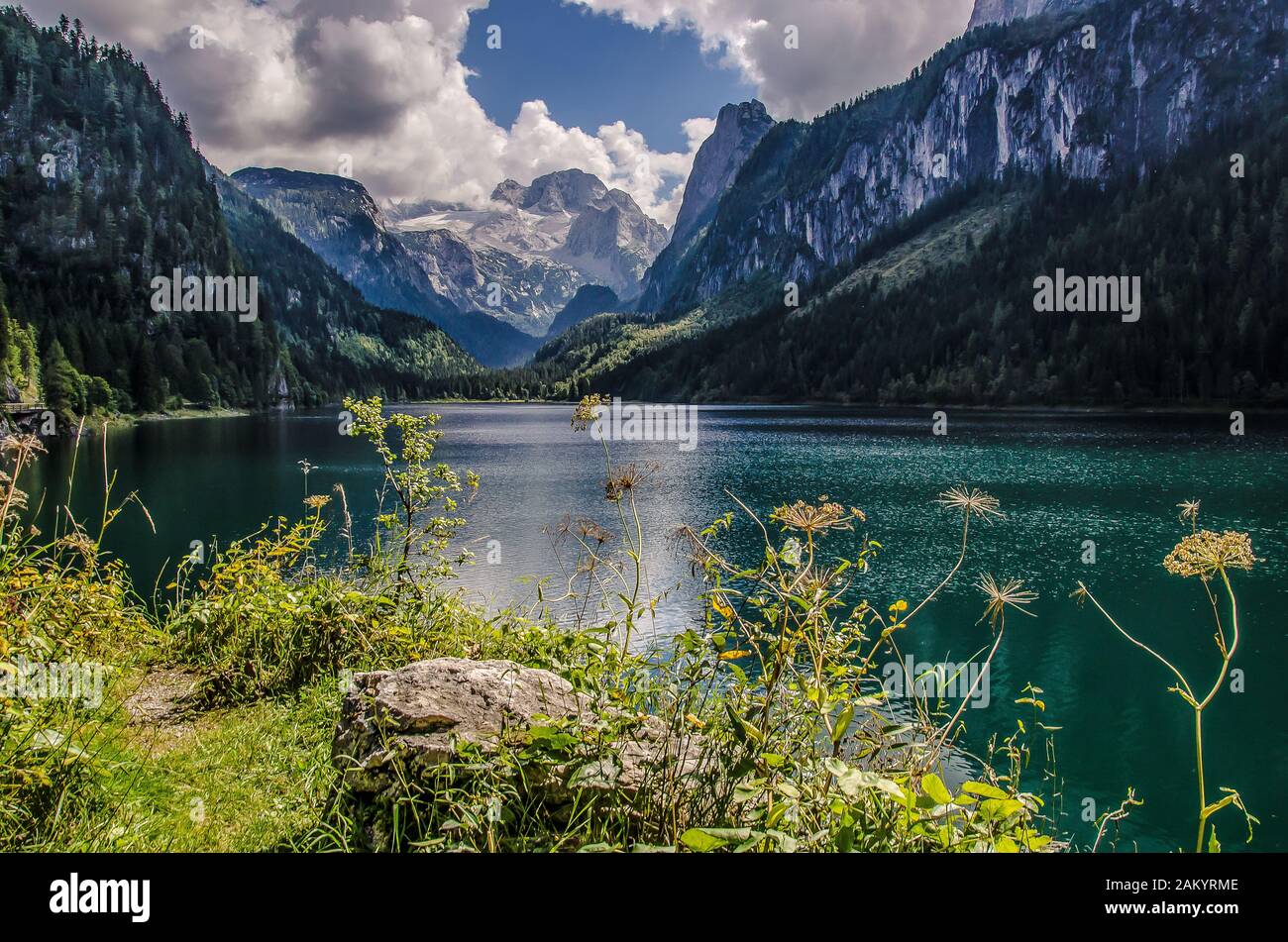 The small mountain lake, Lake Gosau, which has a preservation order, has been made famous for its outstanding natural beauty and its clear cold water. Stock Photo