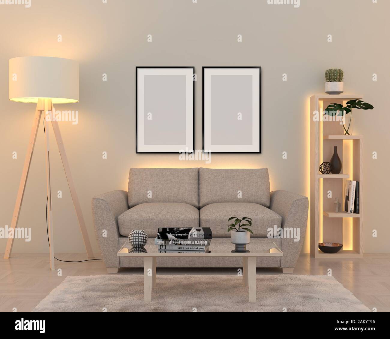 Interior Wall With Soft White Led Lights Two Blank Posters Dimension 60 X 90 Cm 3d Render Stock Photo Alamy