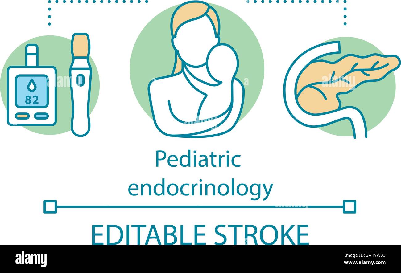 Pediatric endocrinology concept icon. Adrenal, thyroid and pituitary problems. Endocrine disease. Children endocrine regulation idea thin line icon. V Stock Vector