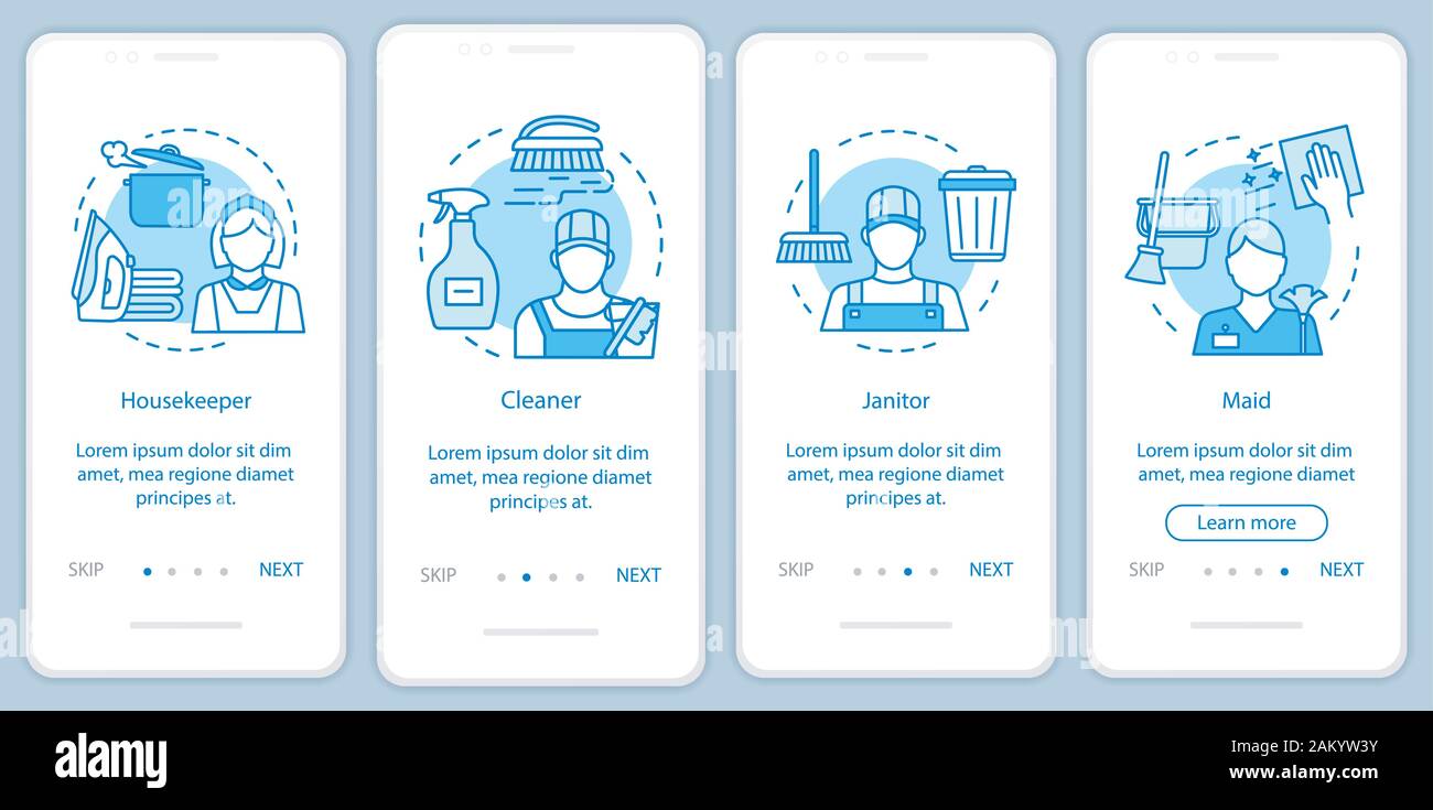 Cleaning Agency Staff Onboarding Mobile App Page Screen Linear Concepts Housekeeper Maid Four Walkthrough Steps Graphic Instruction Cleanup Compa Stock Vector Image Art Alamy