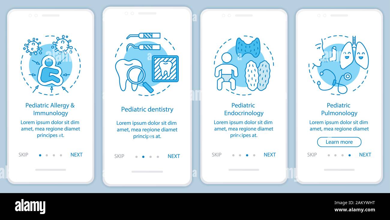 Pediatric services onboarding mobile app page screen with linear ...