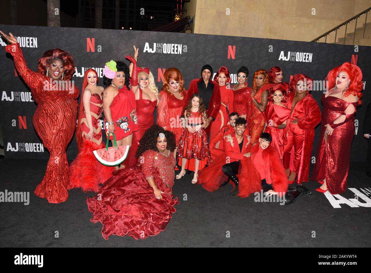 January 9, 2020, Hollywood, CA, USA: Izzy G. and RuPaul Charles (C) and ''RuPaul's Drag Race Queens'' attend Netflix's ''AJ And The Queen'' Season 1 Premiere at The Egyptian Theatre in Hollywood. (Credit Image: © Billy Bennight/ZUMA Wire) Stock Photo