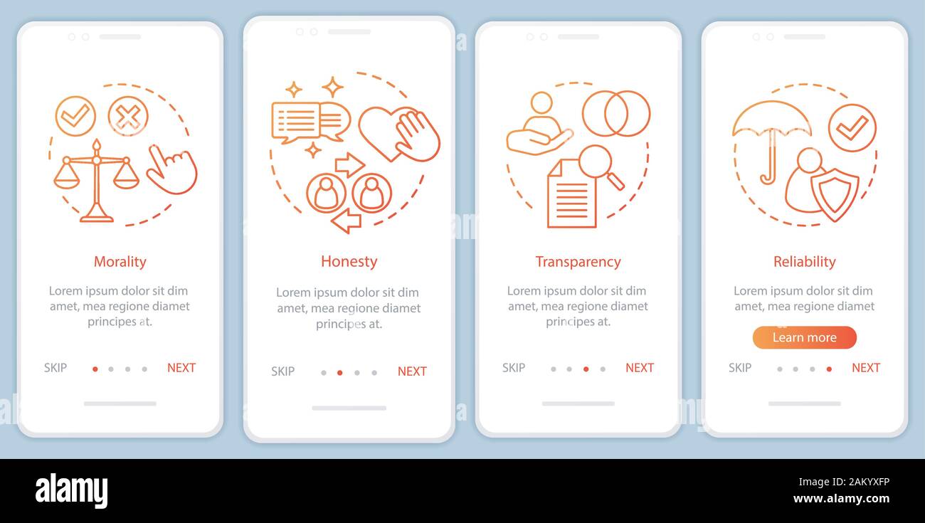 Ethical principles onboarding mobile app page screen vector template. Morality, transparency, reliability. Walkthrough website steps with linear illus Stock Vector