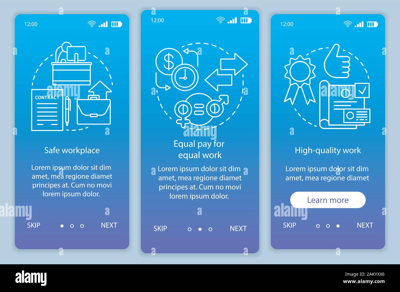Work ethics onboarding mobile app page screen vector template. Safe workplace, equal pay for work. Walkthrough website steps with linear illustrations Stock Vector