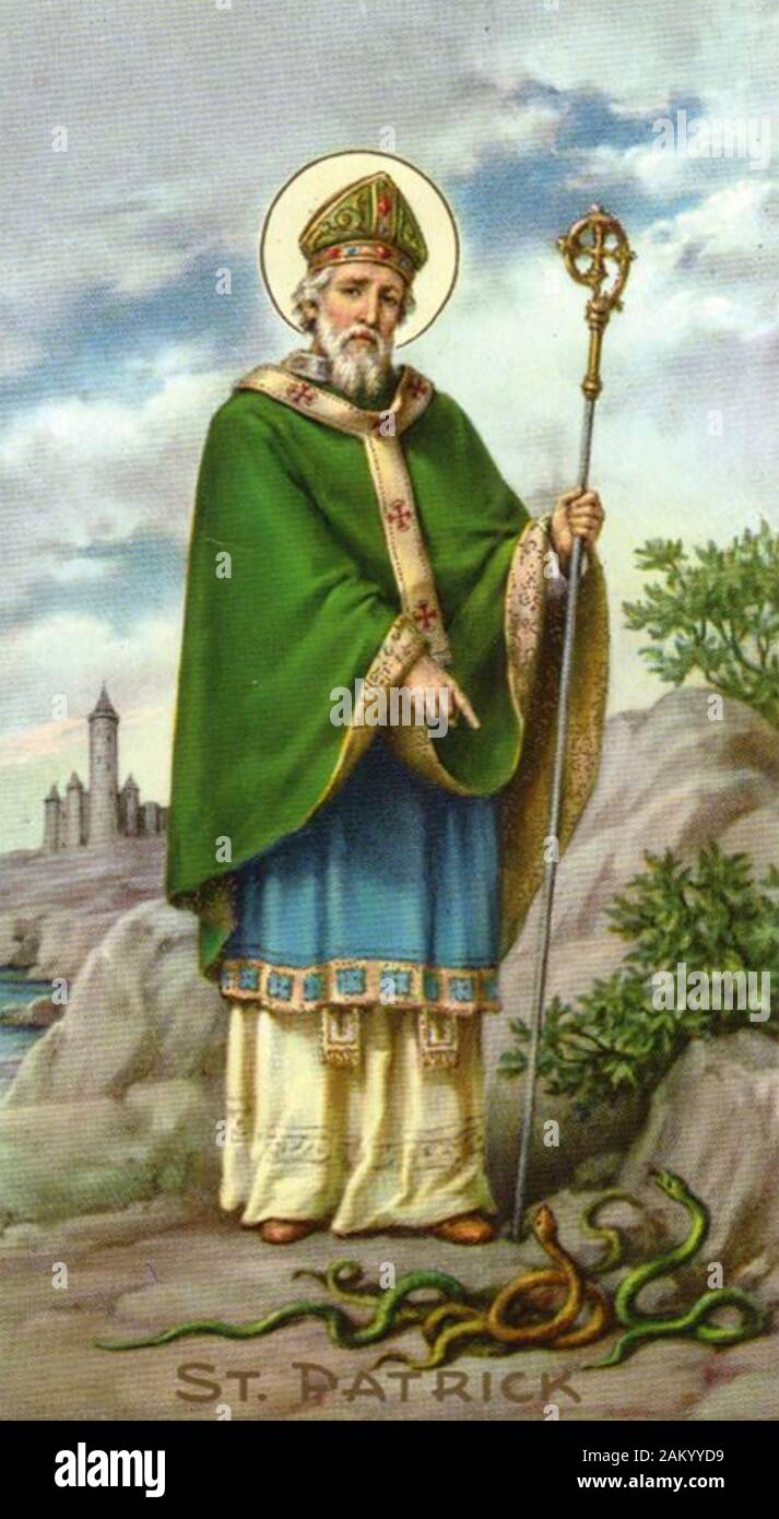 ST. PATRICK Patron Saint of Ireland shown banishing snakes from the country in a 19th century illustration, Stock Photo