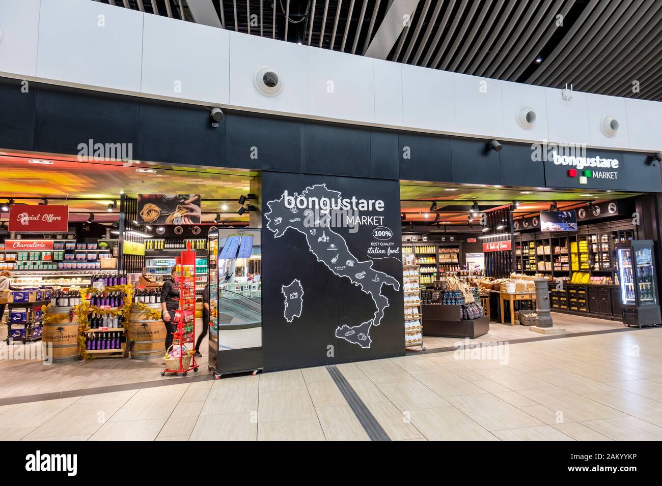 Airport terminal shopping, Bongustare Market store at Rome Fiumicino Airport departure lounge, Rome, Italy Stock Photo