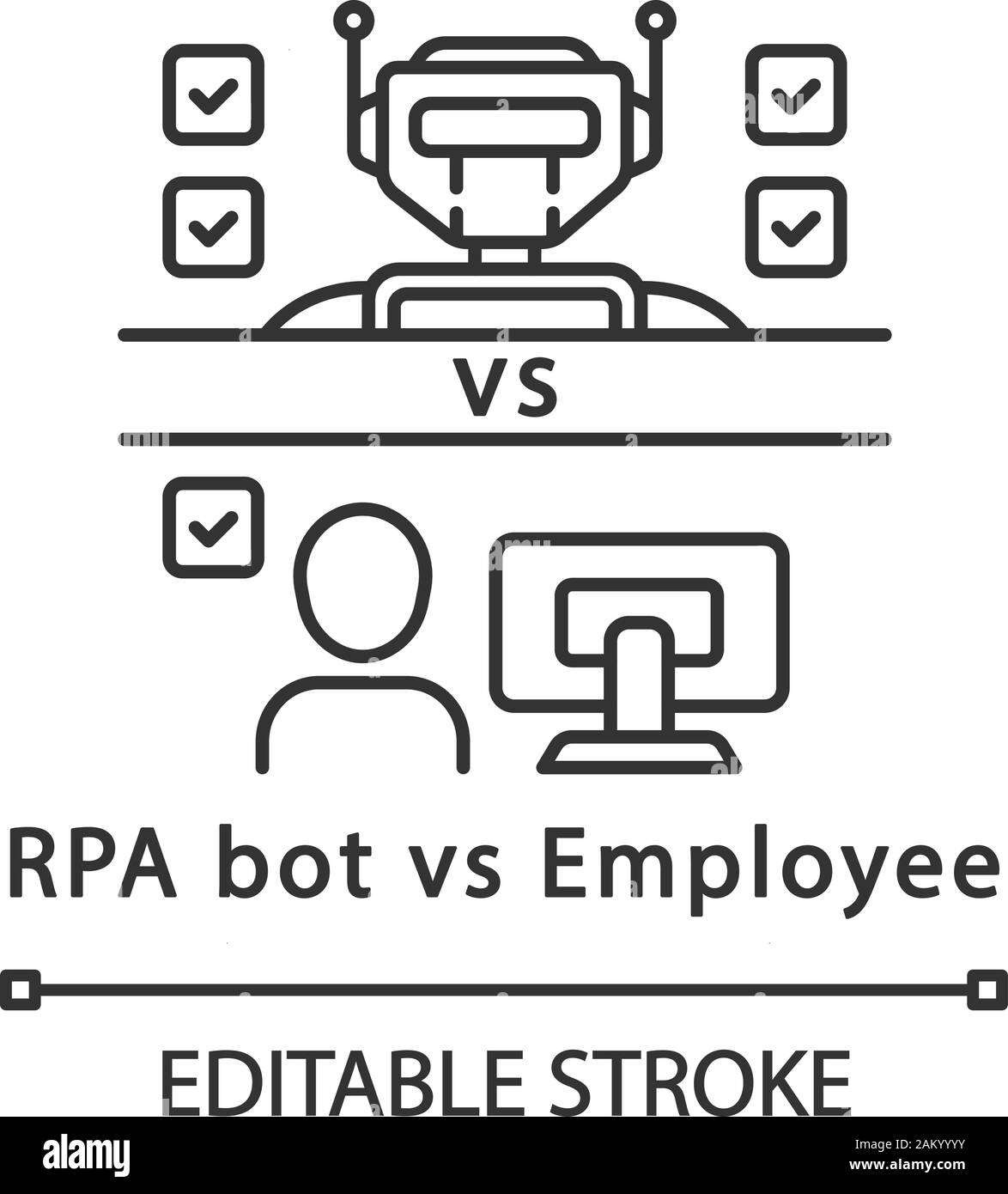 RPA bot vs employee linear icon. Benefits of using robots. Modern technologies vs traditional work. Thin line illustration. Contour symbol. Vector iso Stock Vector