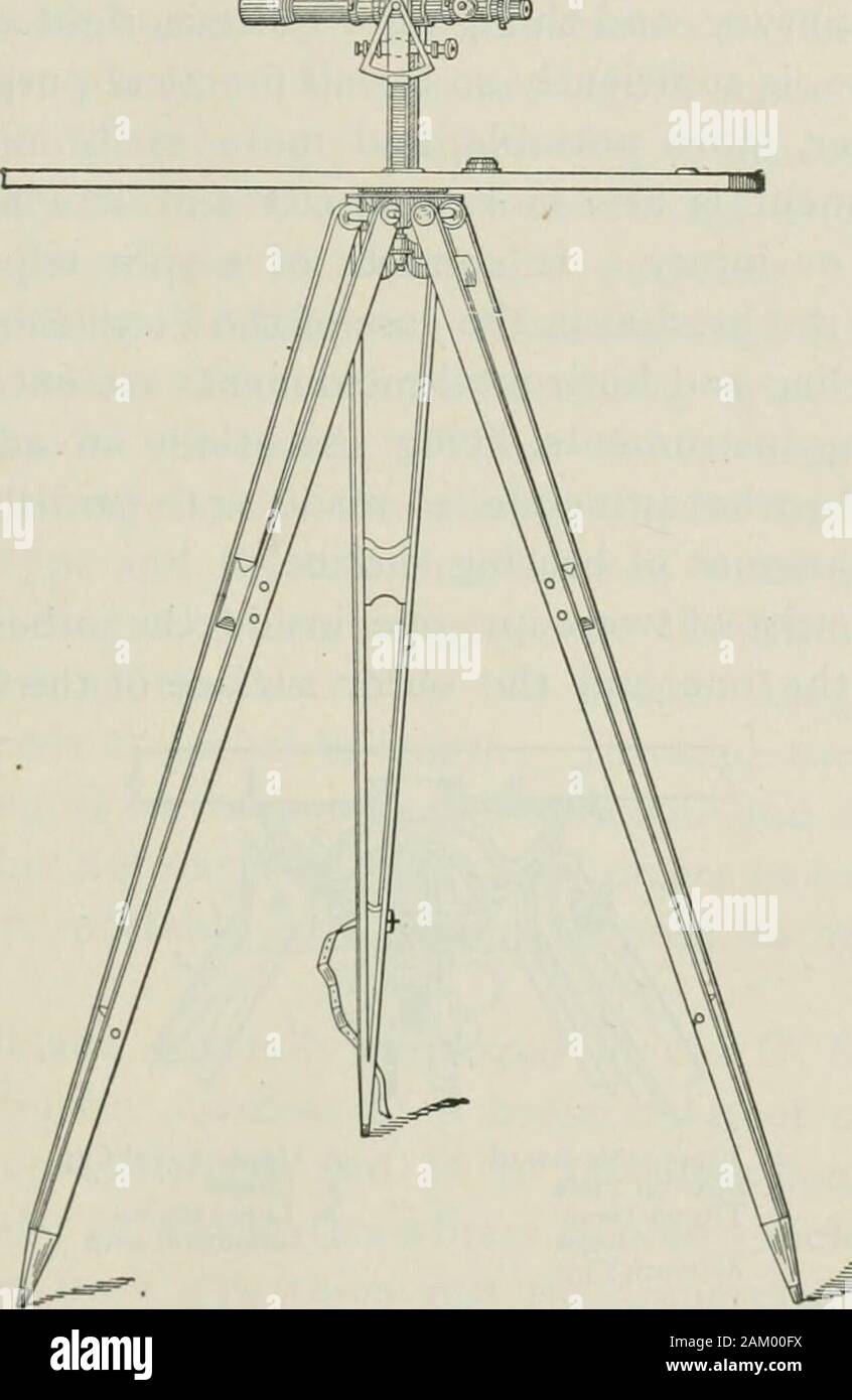 Topographic surveying; including geographic, exploratory, and military mapping, with hints on camping, emergency surgery, and photography . —Coast Survey Plane-table. PLANE- TABLE MO VEMENTS. 155 head by binding-screws and clamps; that the movement is at-tached to the tripod head by means of a center clamping-screw as in ordinary surveying-instruments; also that theleveling is effected by the usual form of three leveling-screws;and that the horizontal motion is obtained by two heavy. Fig. 49.—Telescopic Alidade and Johnson Plane-table.circular plates sliding one upon the other, the lower attac Stock Photo