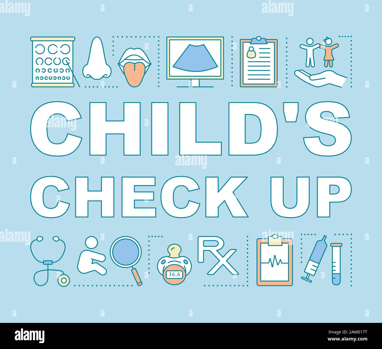 Children check up word concepts banner. Scheduled medical inspection. Pediatric examination. Presentation, website. Isolated lettering typography idea Stock Vector