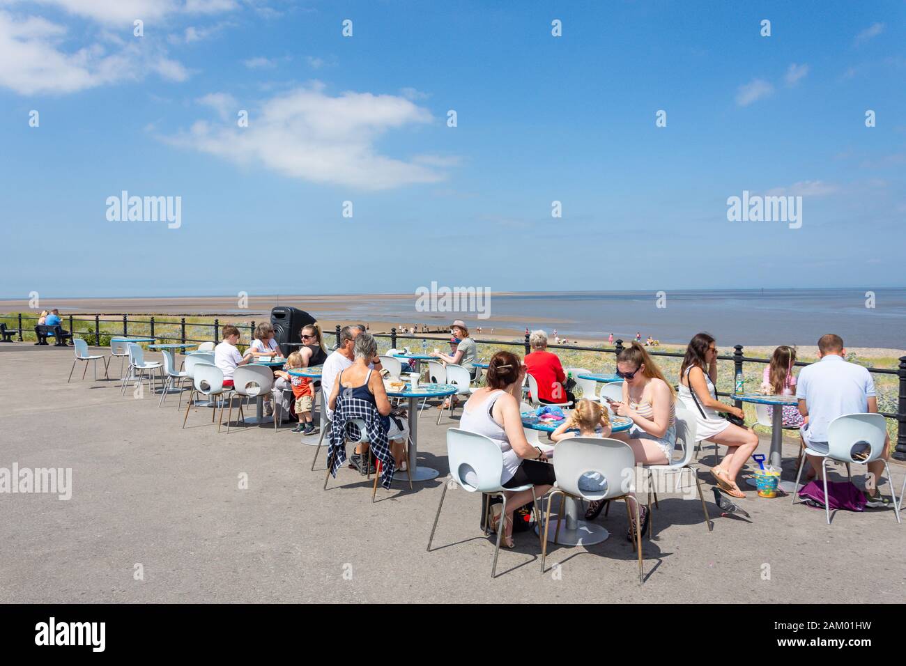 Outdoor cafe overlooking Ferry Beach, Fleetwood, Lancashire, England, United Kingdom Stock Photo
