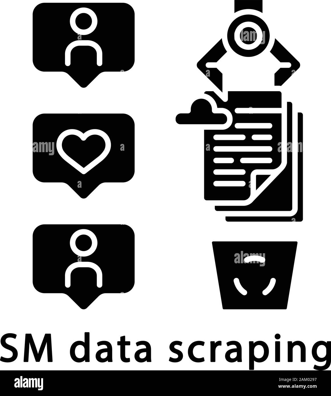 SM data scraping glyph icon. RPA. ?hat history archiving. Cloud storage automatic cleaning. Robot scraping social media data. Silhouette symbol. Negat Stock Vector