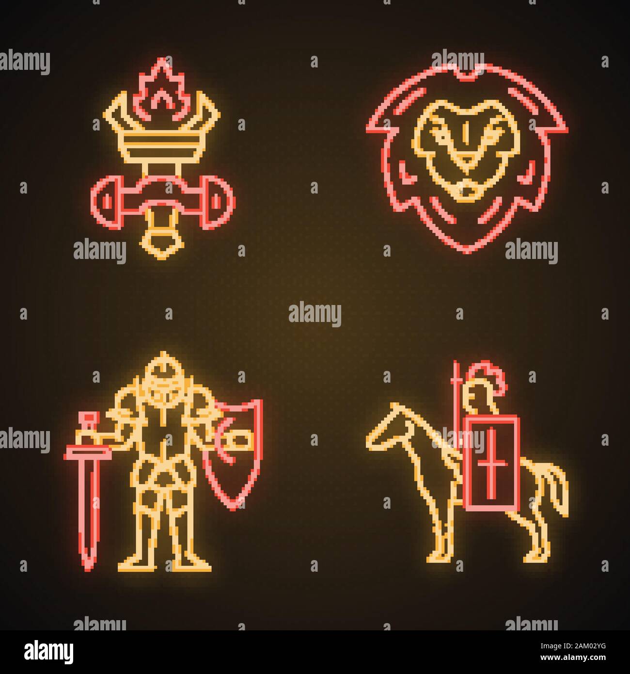 Medieval neon light icons set. Burning torch, Lion head shield, Knight in full armor, Horse knight with flag and lance. Glowing signs. Vector isolated Stock Vector