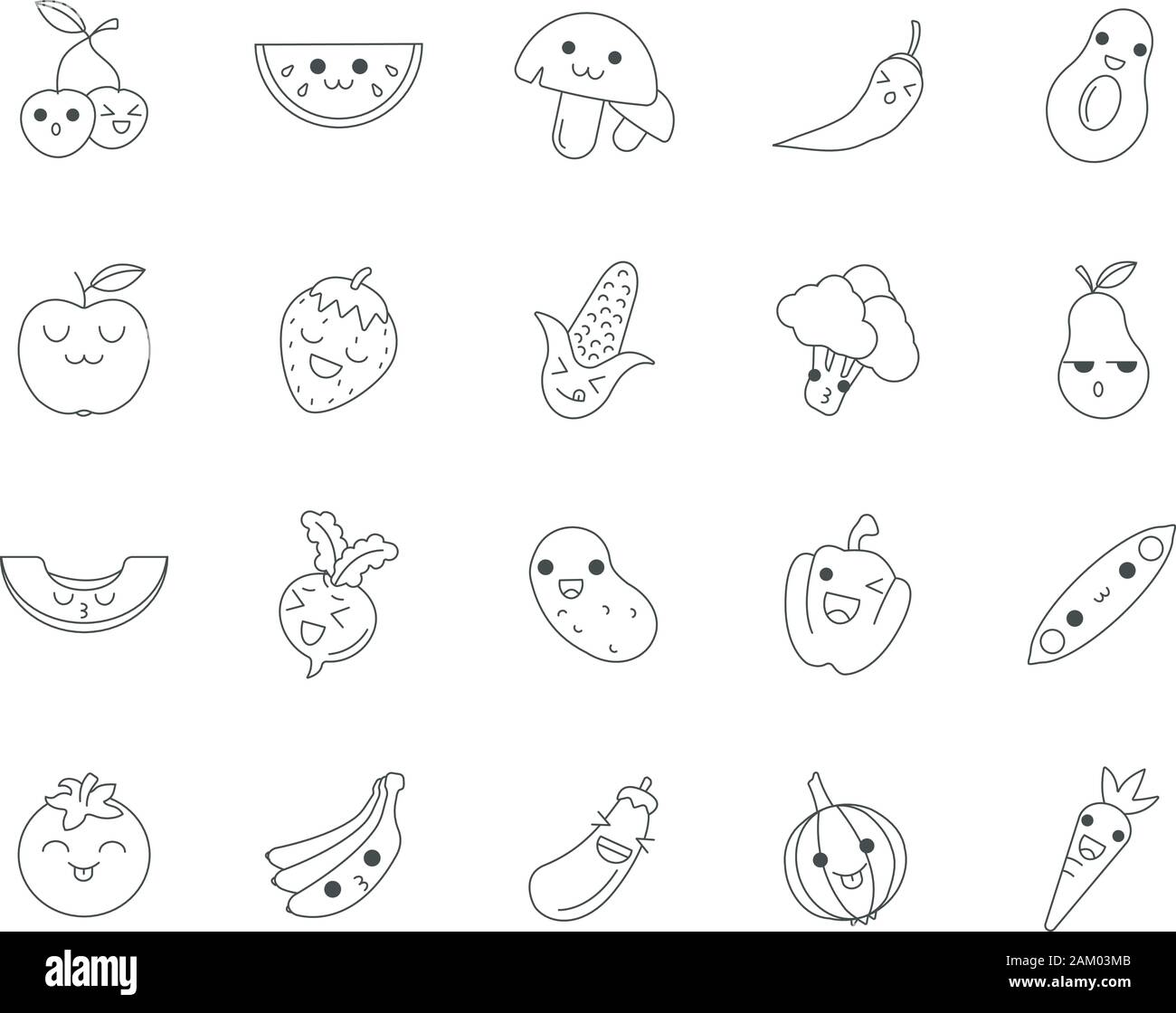 Vegetables and fruits cute kawaii linear characters. Happy banana and watermelon. Smiling tomato and cherry. Thin line icon set. Vector isolated outli Stock Vector